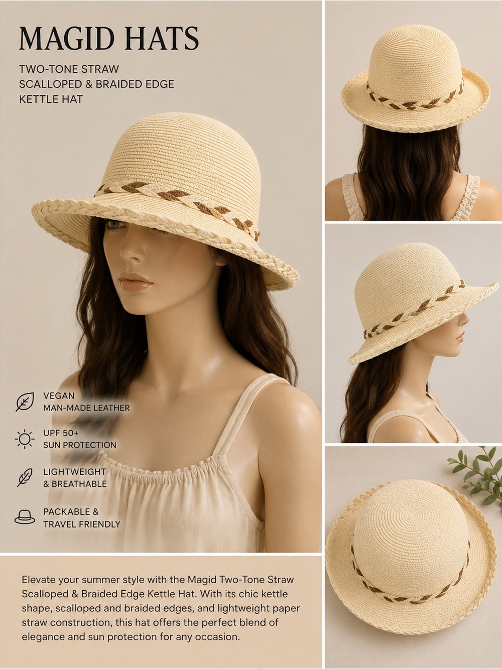 MAGID Hats Two Tone Straw Kettle Hat Scalloped Braided Edge UPF 50 Beach Sun Hat